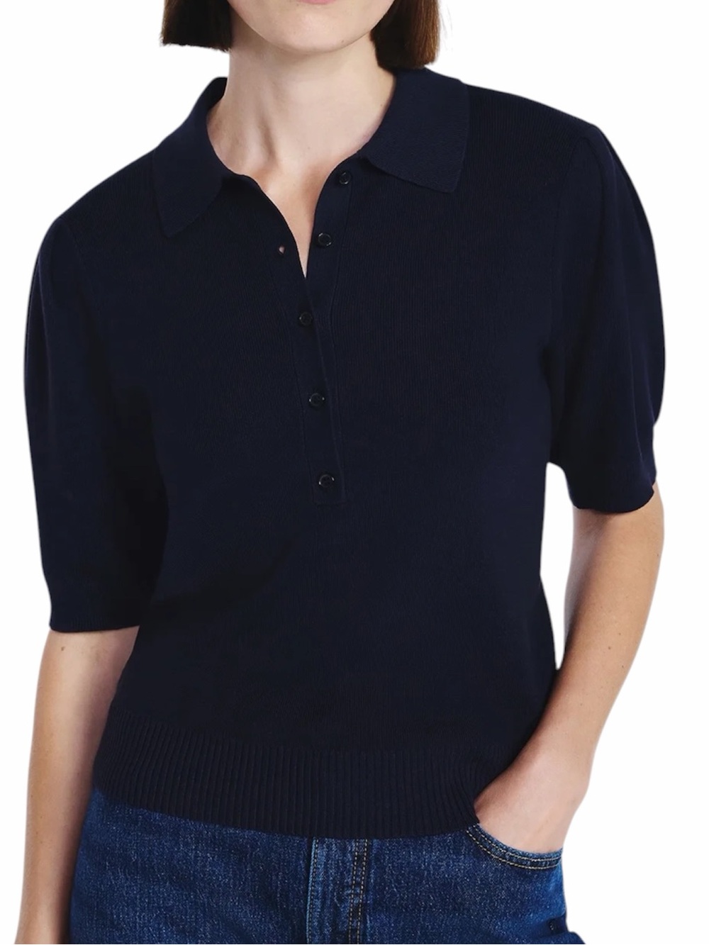 FREE ASSEMBLY Navy Collared Lightweight Sweater Tee with Puff Sleeves
